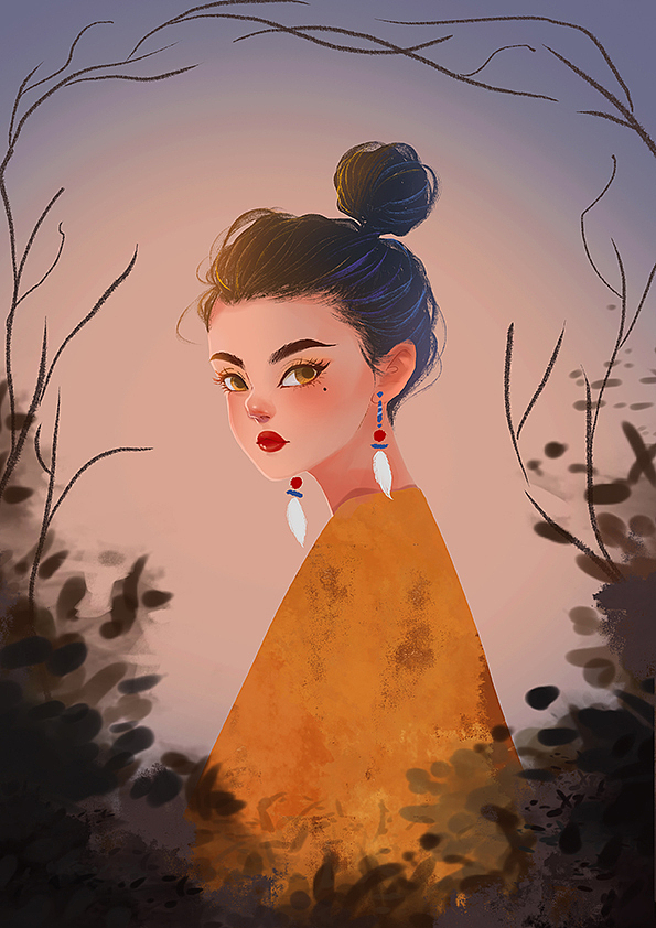 在人物头发上叠加黄蓝两种颜色,光照的部分用金黄色,背光的部分用蓝