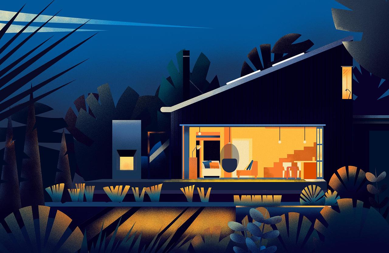 静谧庭院夜景小插画