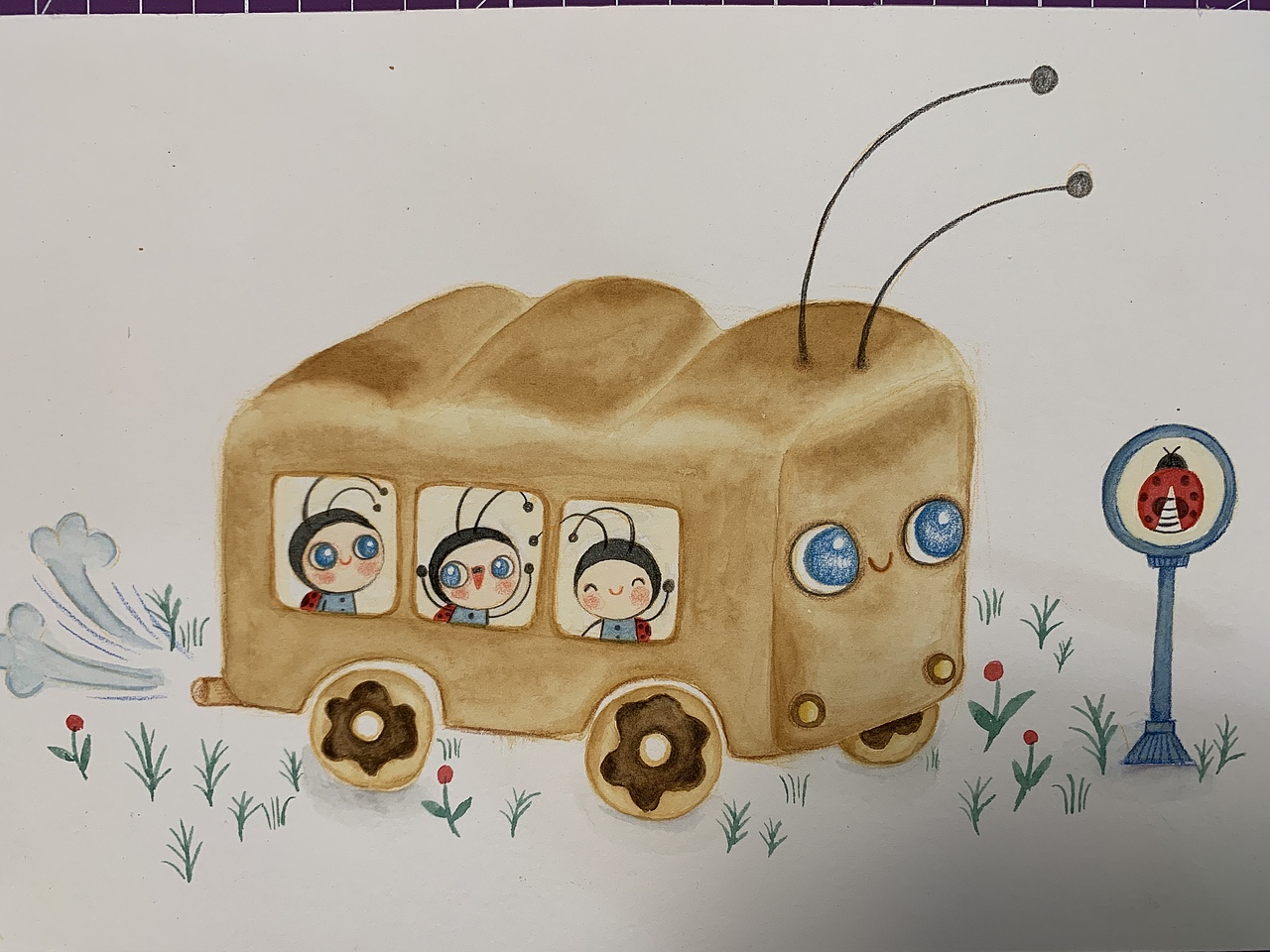 原创水彩插画“瓢虫面包”