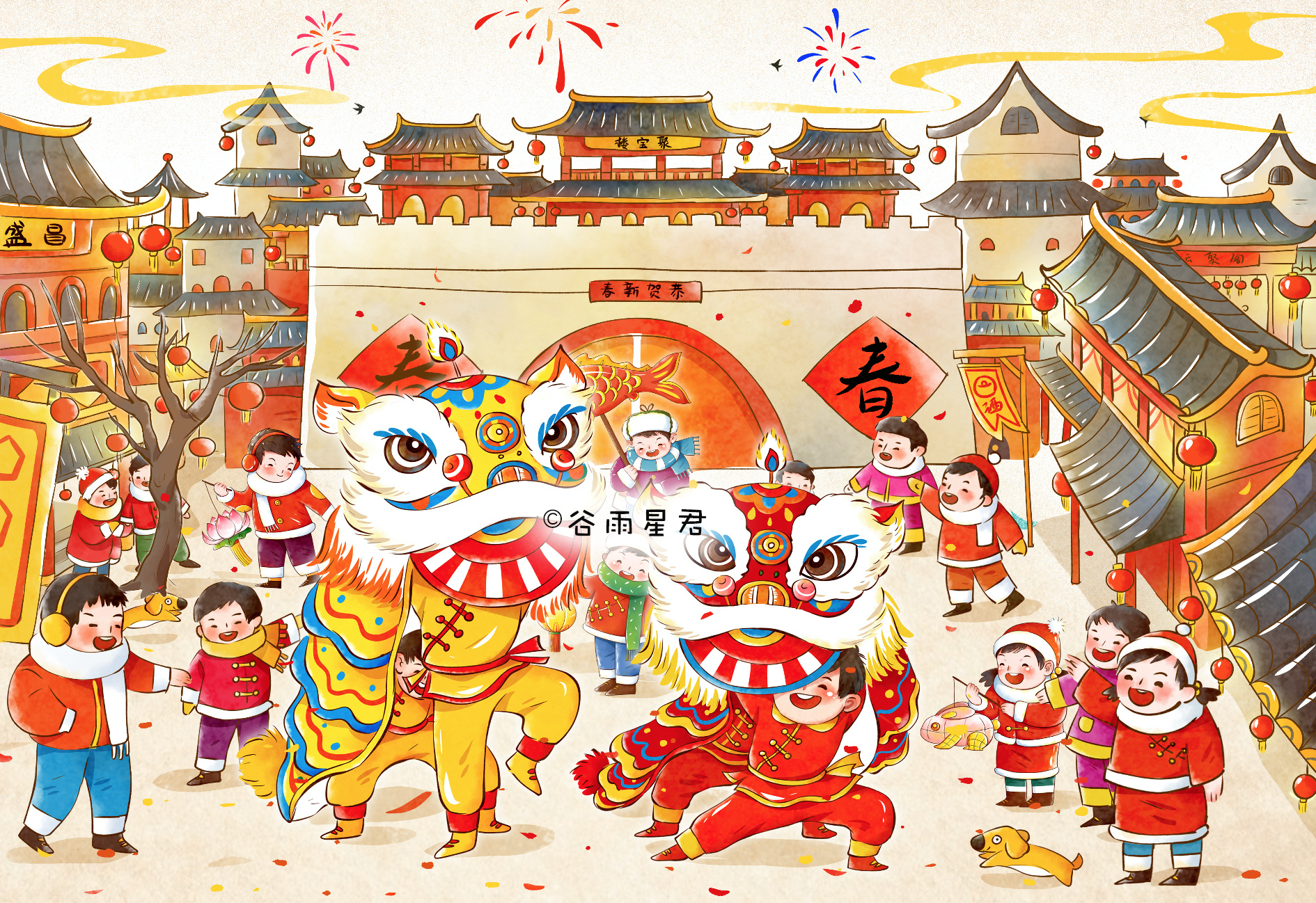 春节新年舞狮卡通图案图片素材免费下载 - 觅知网