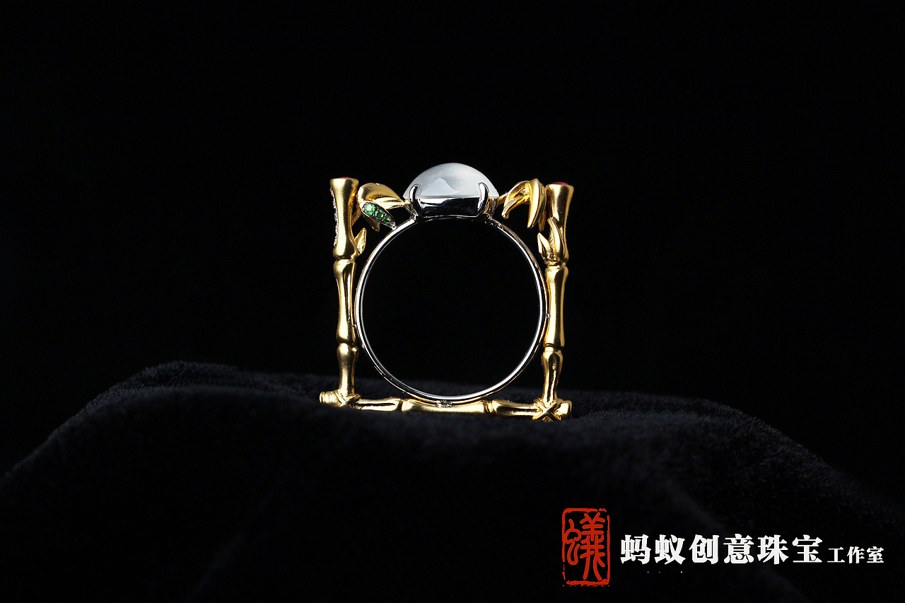 【蚂蚁创意珠宝工作室】竹子翡翠蛋面戒指