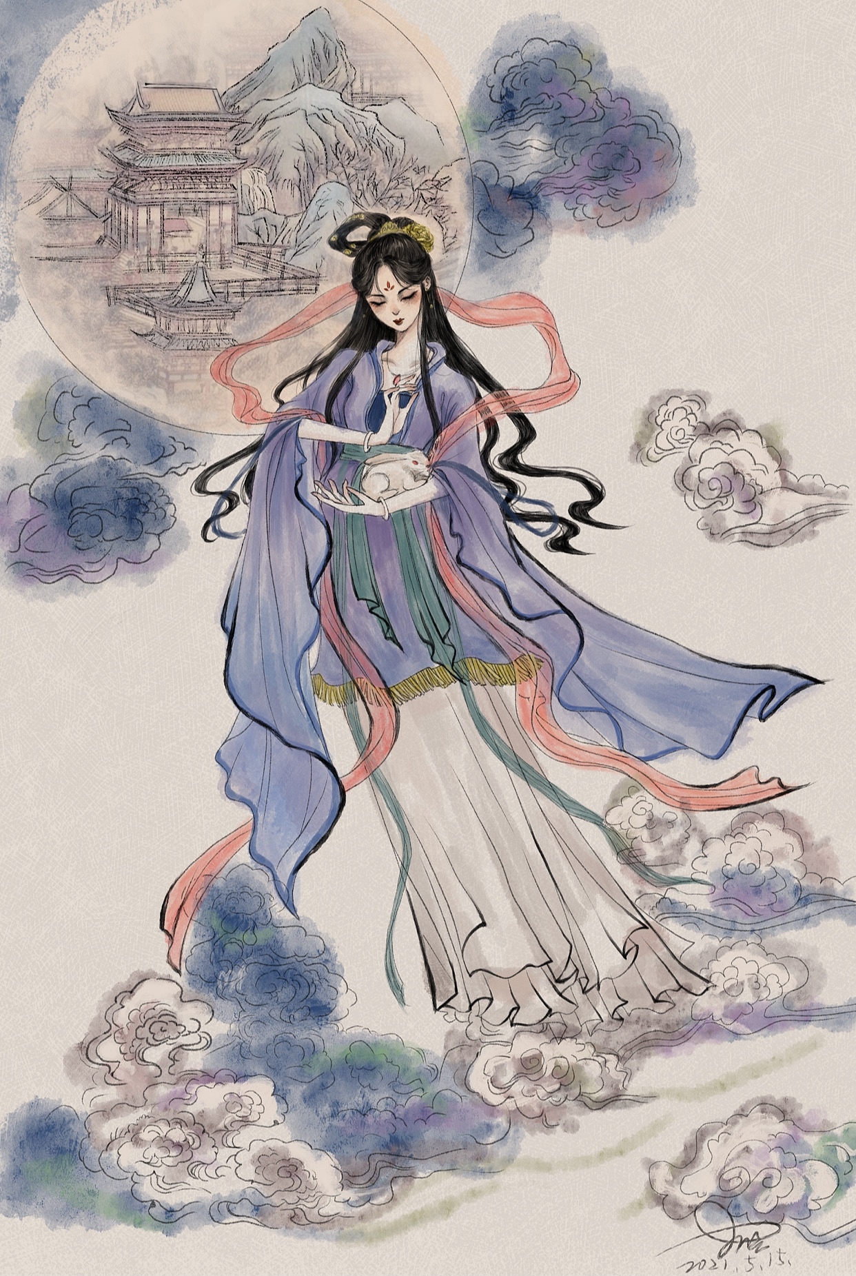 嫦娥奔月插画（图ZMjU2NzkzMTY4） - 创作习作 - 站酷设计师是阿治原创素材 - 站酷ZCOOL