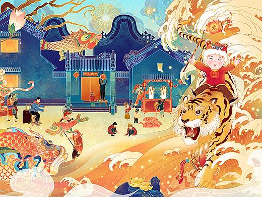 2022新虎年主视觉插画春节贺图——福虎迎春