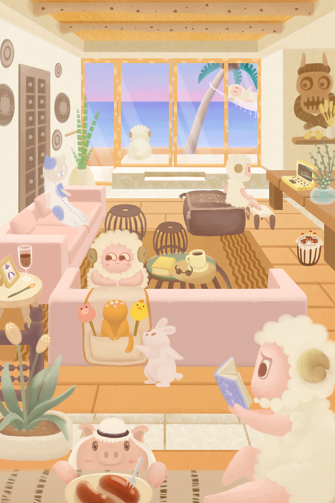 《小肉羊室内场景系列》海边别墅与小肉羊的四个分身