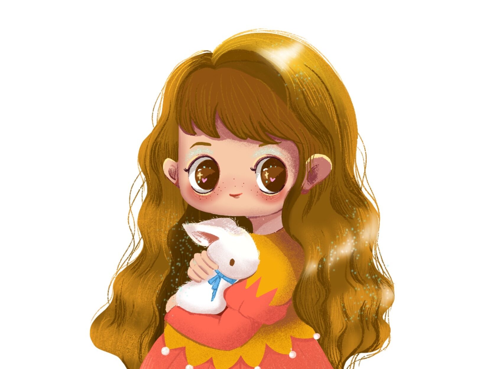 卡通抱着兔子的小女孩_三叶爱画画-站酷ZCOOL