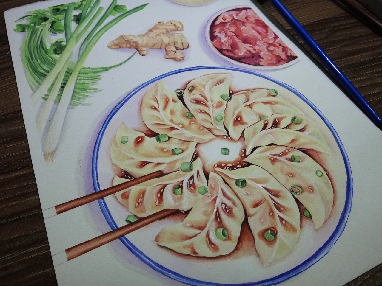 食物简笔画：十步画一盘彩色的小饺子