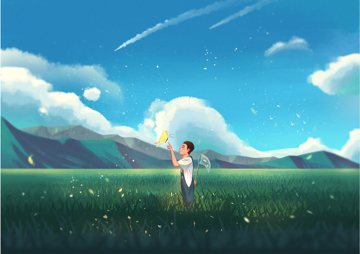 草原抓蝴蝶（图ZMjU5MzAzMzMy） - 商业插画 - 站酷设计师拾柒点伍原创素材 - 站酷ZCOOL