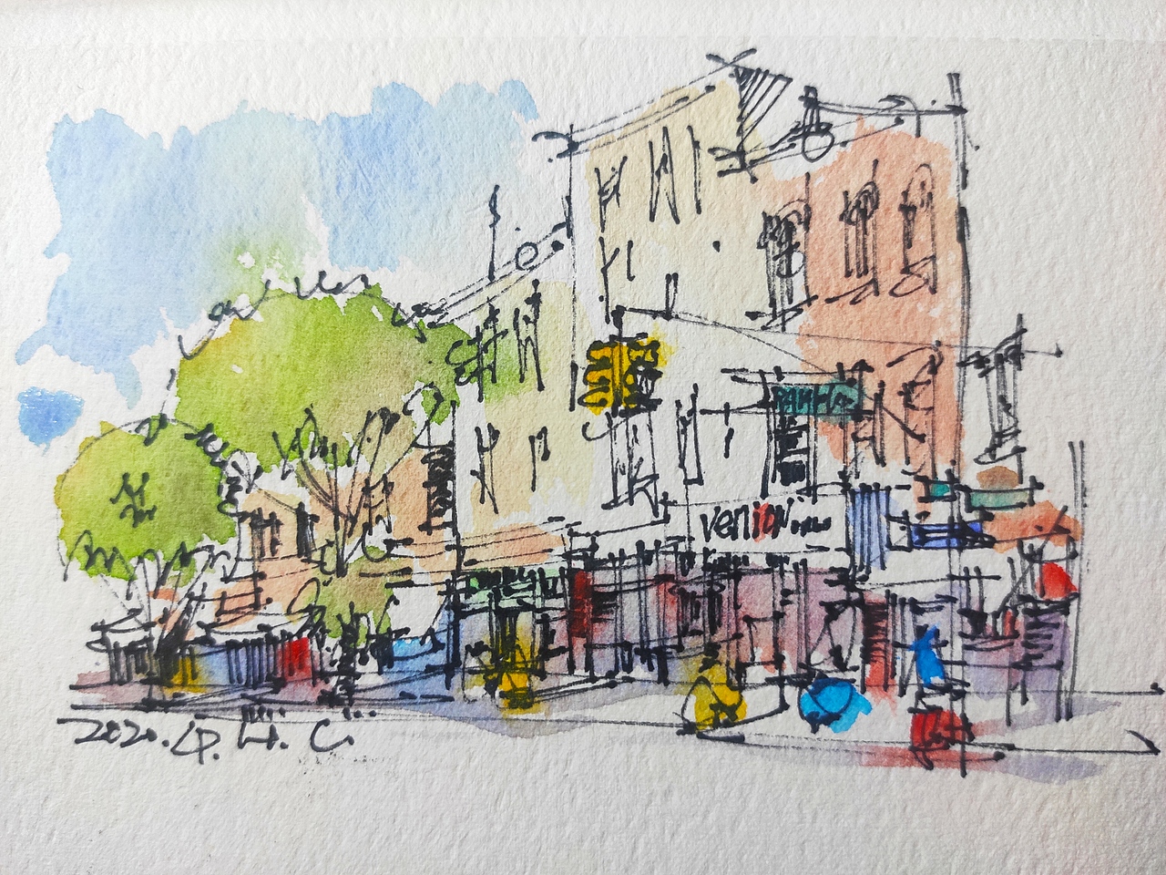 钢笔淡彩建筑风景速写