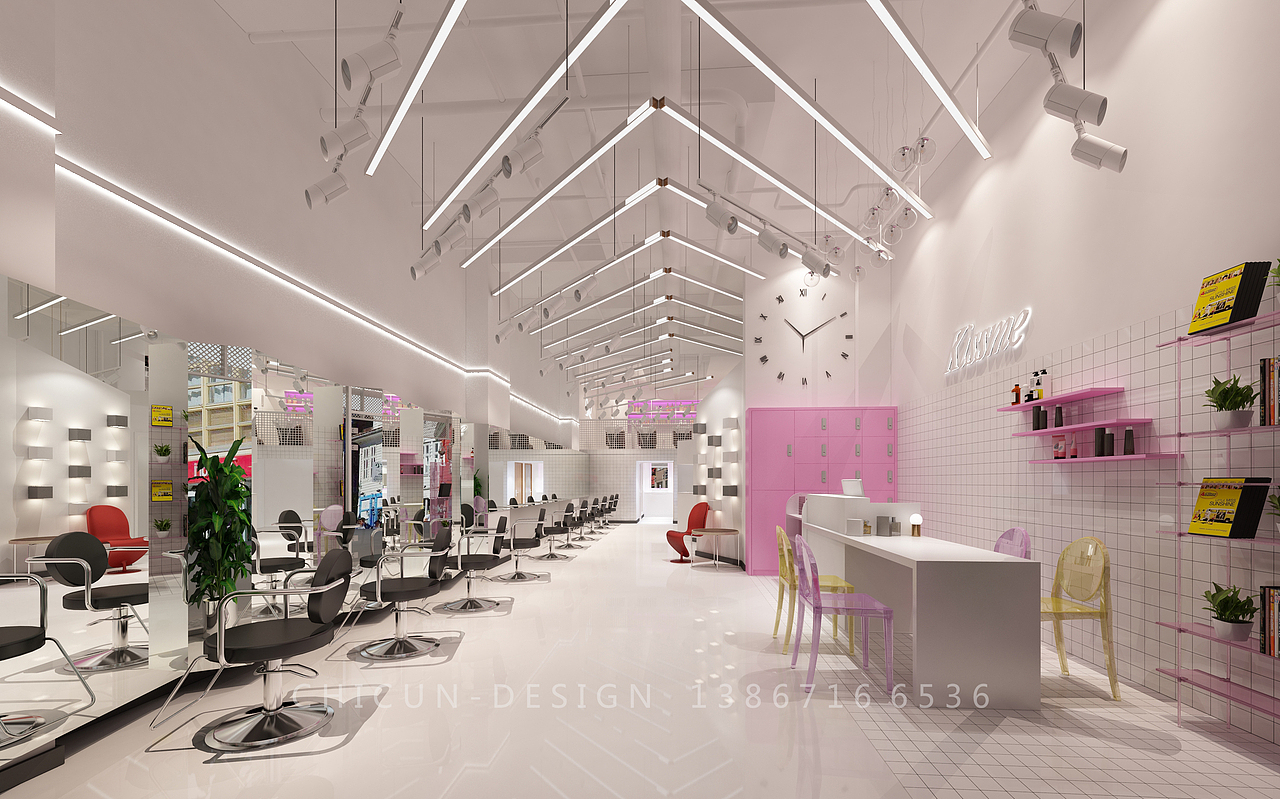 尺寸设计|粉色少女风网红风理发店发廊室内设计效果图