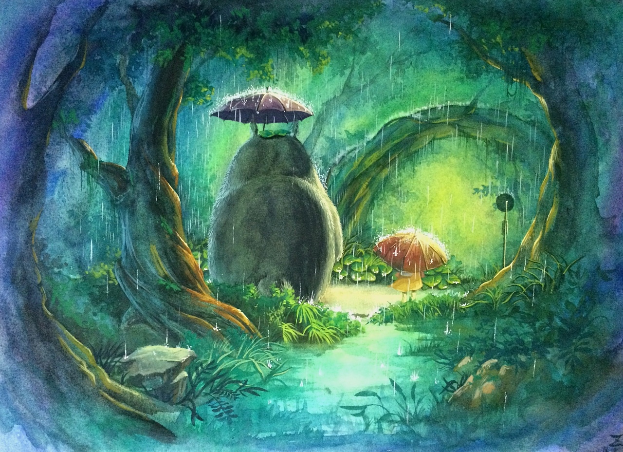 【不透明水彩】改自《龙猫》动漫截图树林等车一镜