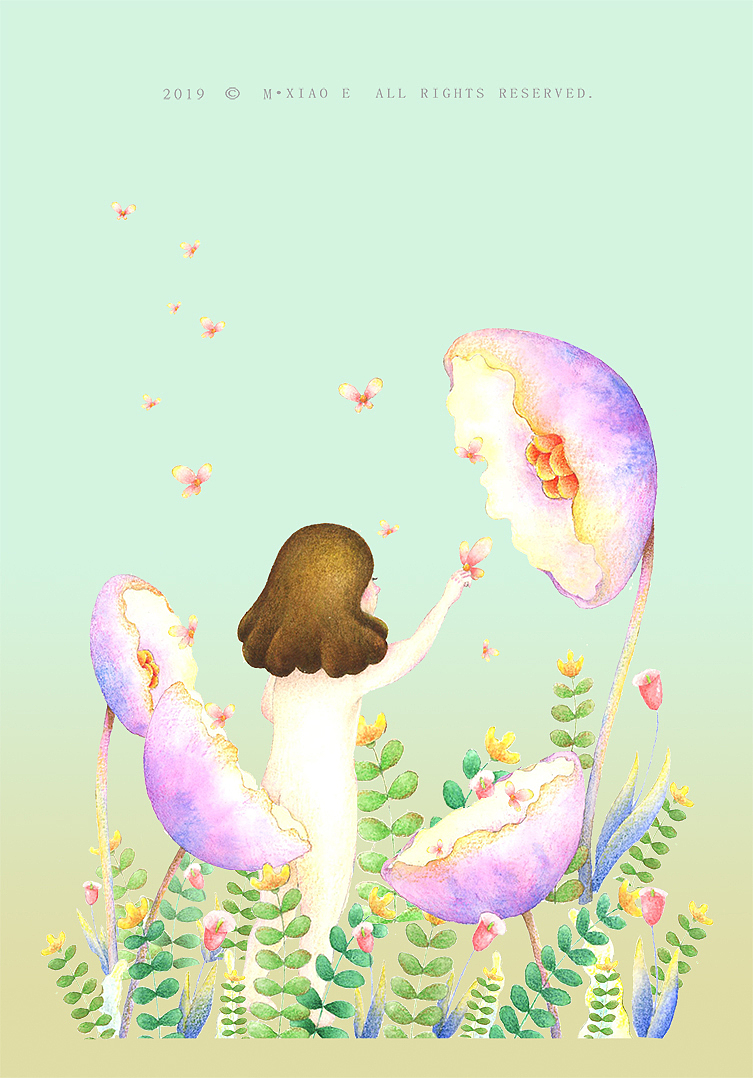 一组水彩手绘插画，少女与花小系列