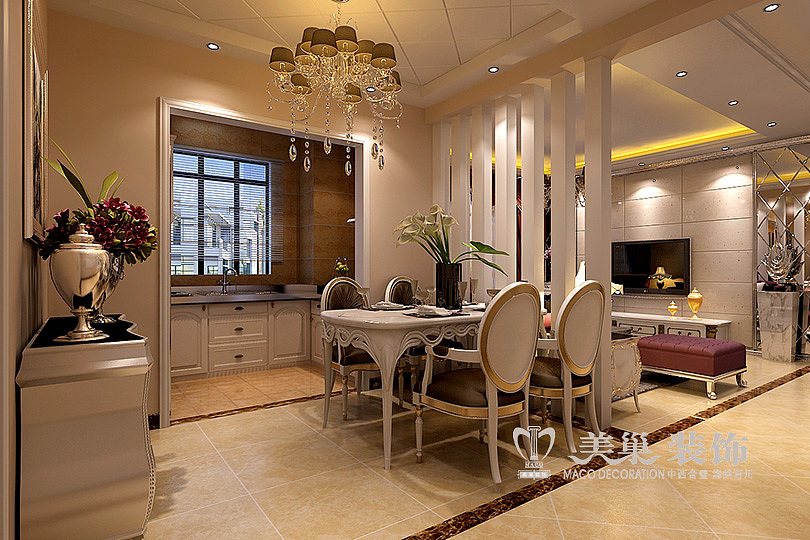 餐厅设计:餐桌与壁纸较搭,柱形挡板将餐厅与客厅分隔开,既为整体,各司其职。