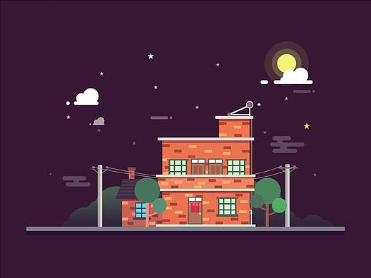 扁平夜景房屋
