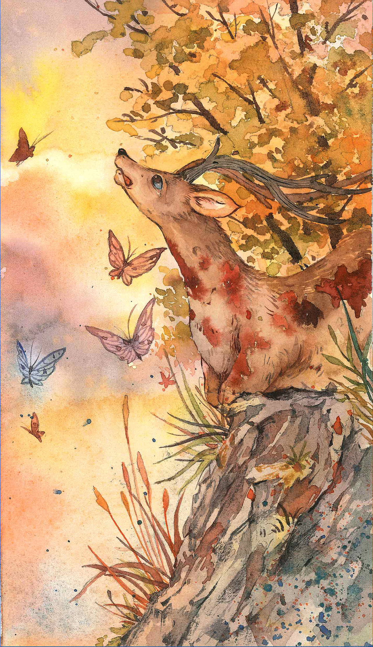 砰!砰!惊心动魄的枪声,紧追着飞跑的公鹿,树枝、草丛,闪落在身后,野花、蘑菇伞,躺倒在它的蹄下,惊起了一群群的飞鸟.