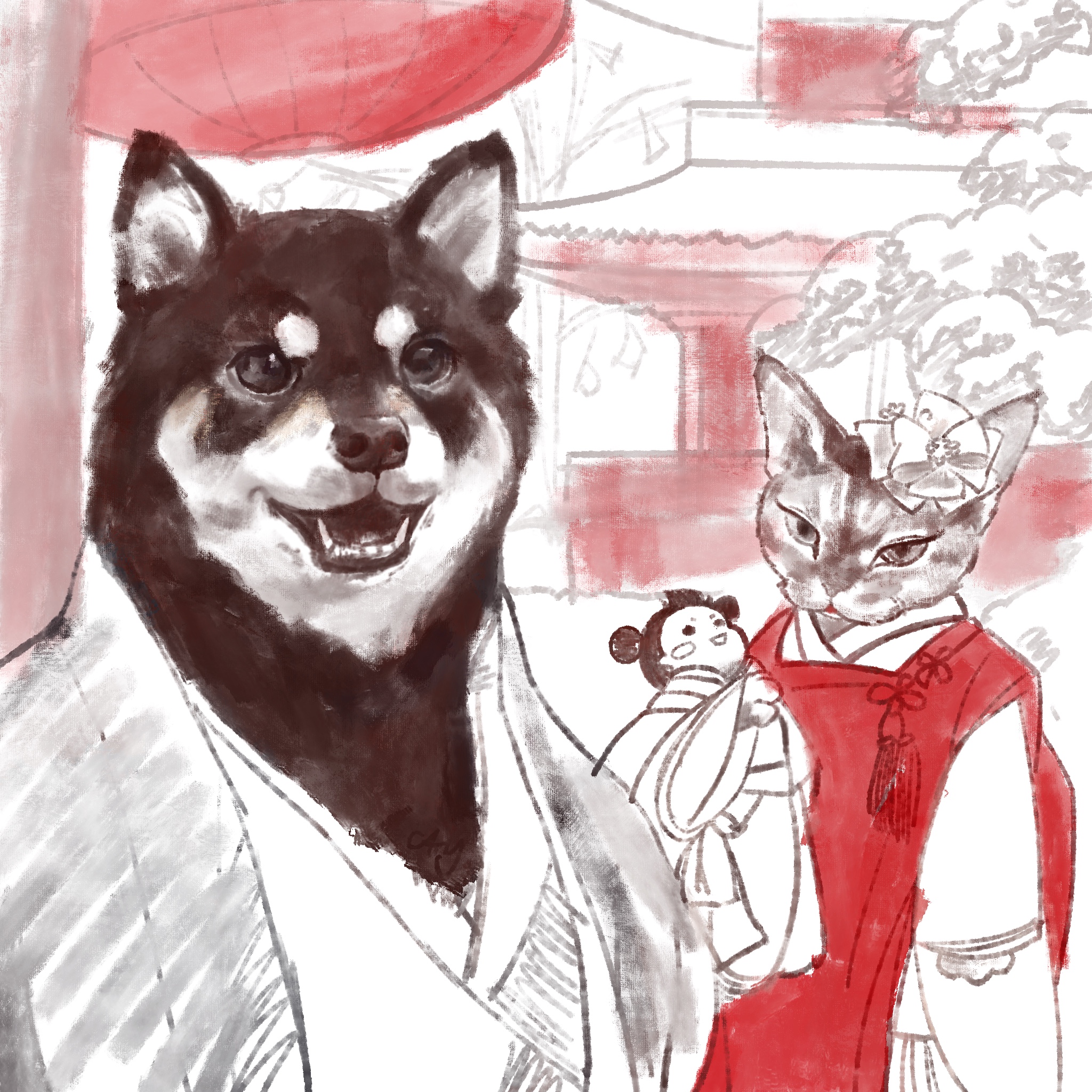 手绘风宠物主题插画及平面延展（贺卡&微信红包封面）
