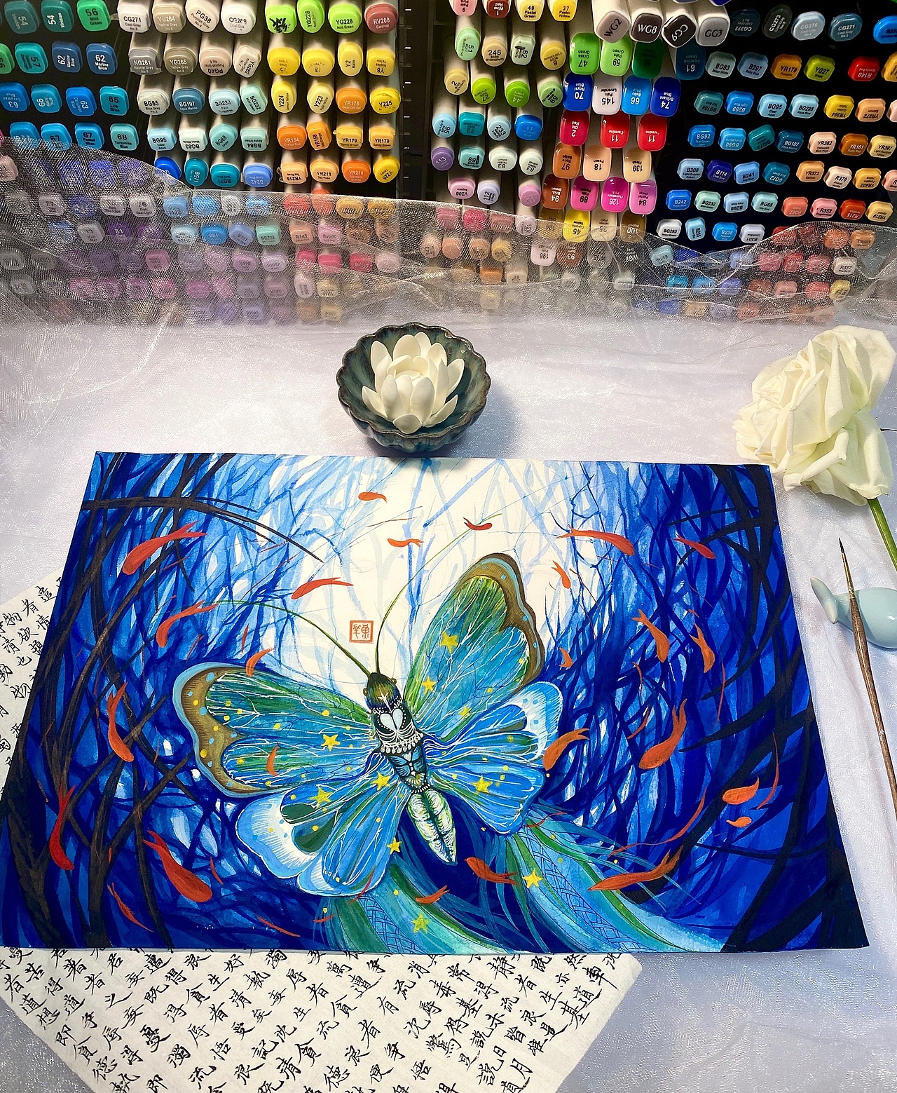 蓝蝴蝶水彩插画