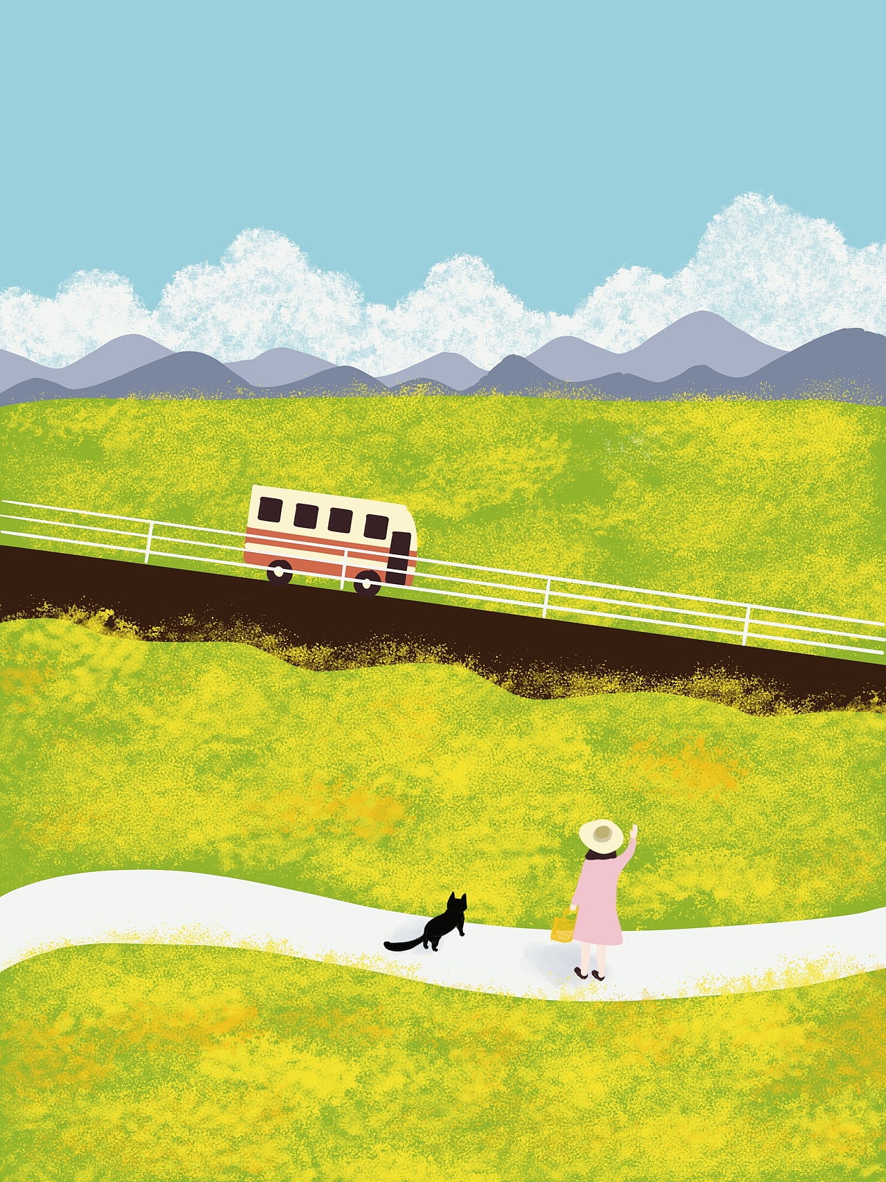 春风吹过的油菜花田和猫尾巴