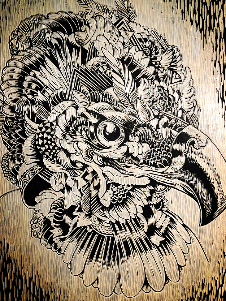 纯手工黑白木刻版画鹰