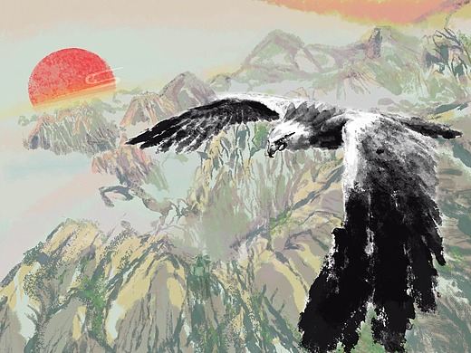 鹏程万里-大鹏展翅 水墨风中国风国画风 插画创作