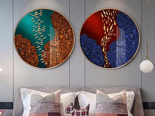 原创新中式山水金箔装饰画发财树飞鹤晶瓷画