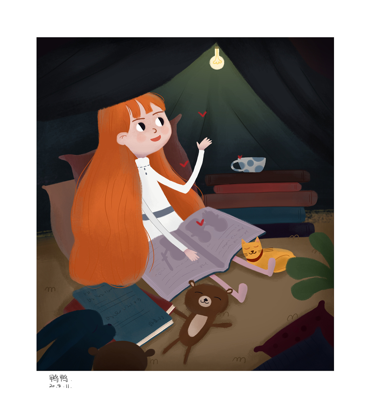 灯下看书的女孩