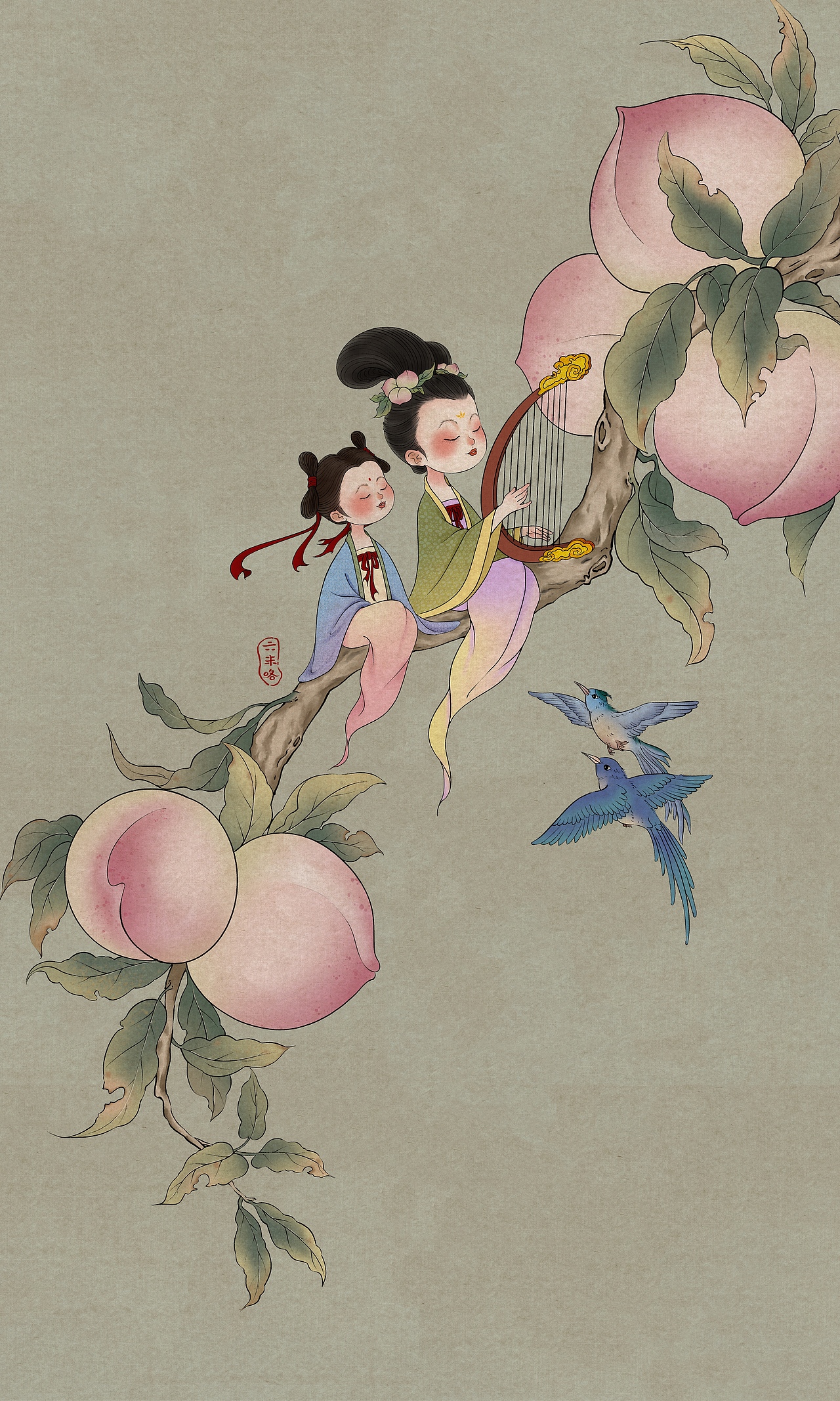 仿工笔插画——仙桃压枝垂