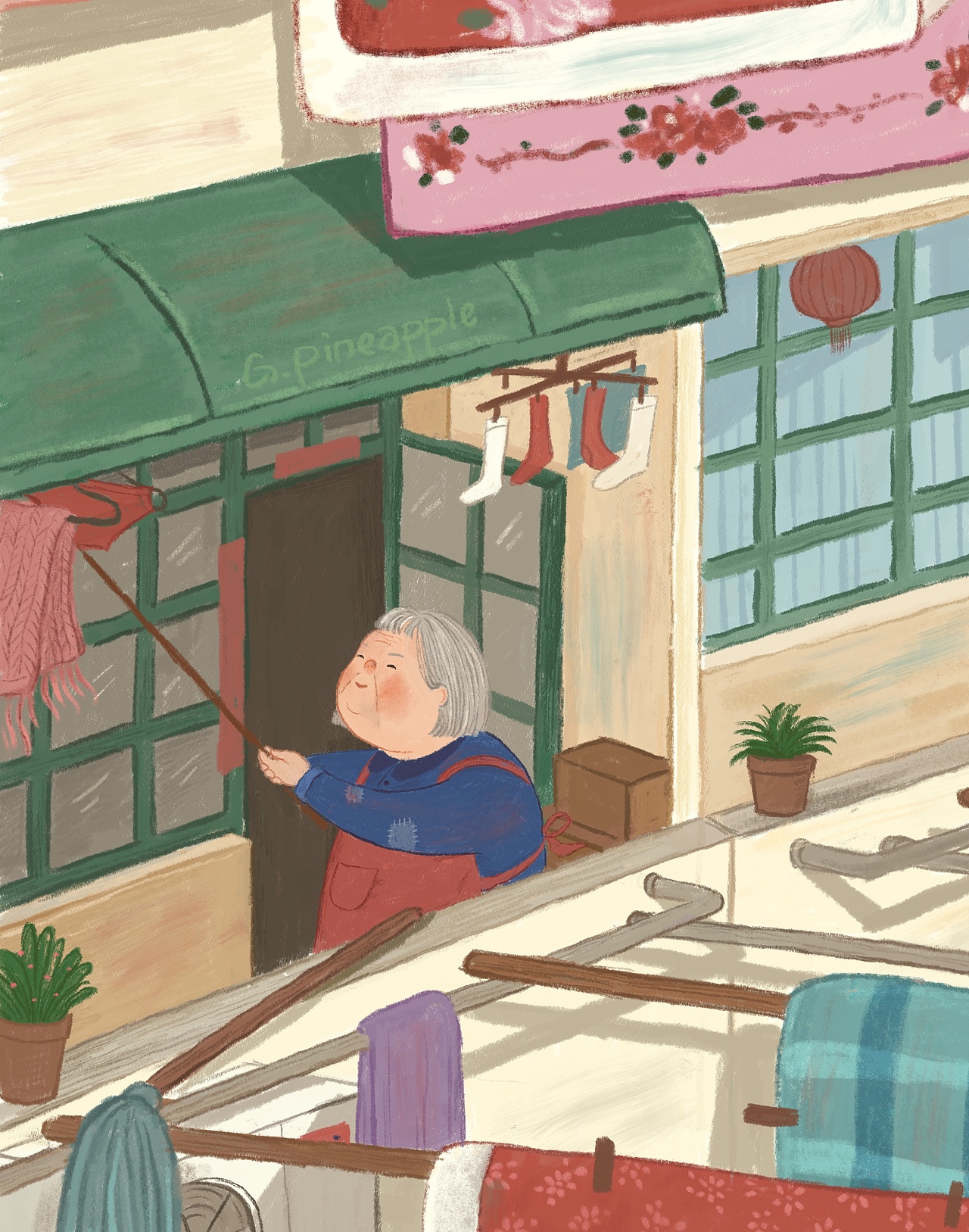 我的插画分享｜奶奶晒棉被（图ZMjgzNzExNTky） - 儿童插画 - 站酷设计师官凤梨原创素材 - 站酷ZCOOL