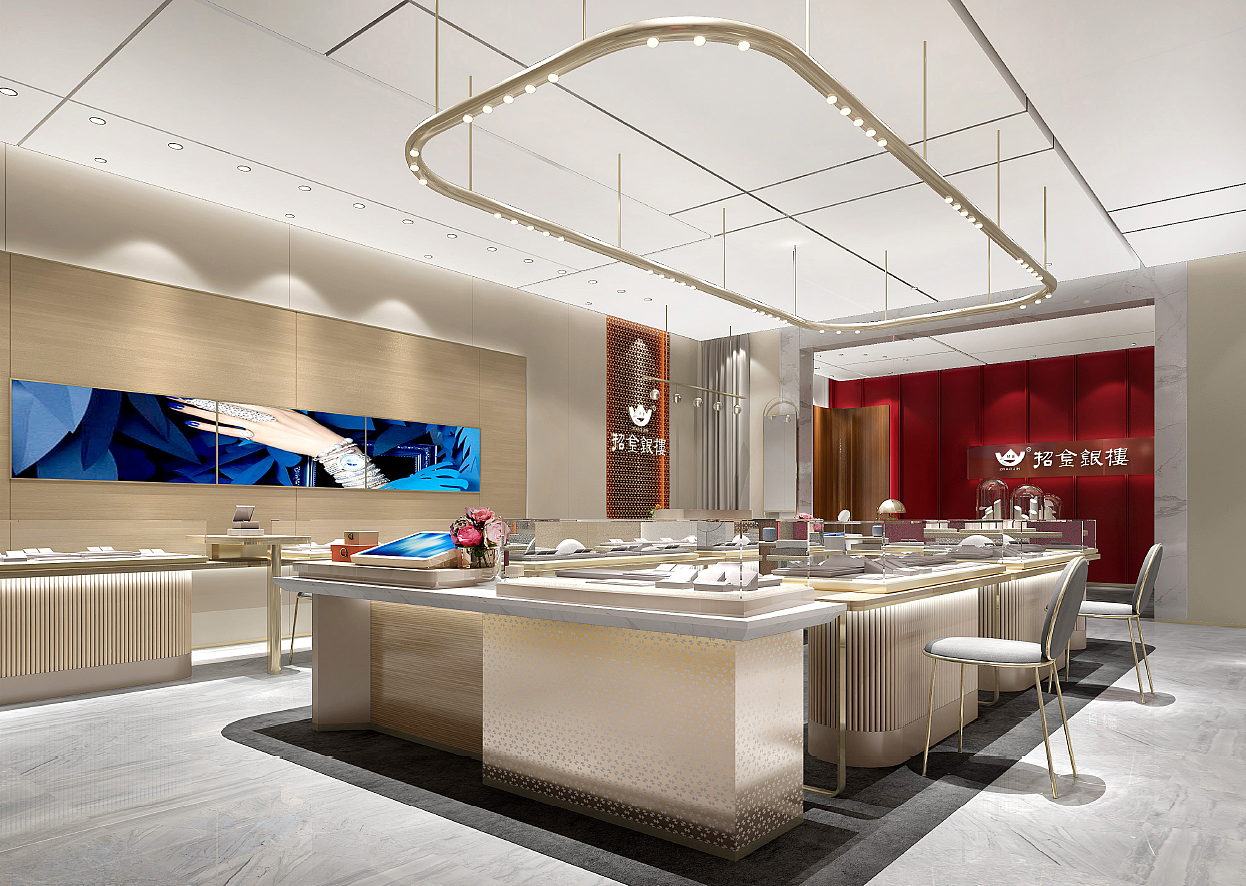 高端黄金珠宝店面设计效果图轻奢时尚珠宝展柜设计