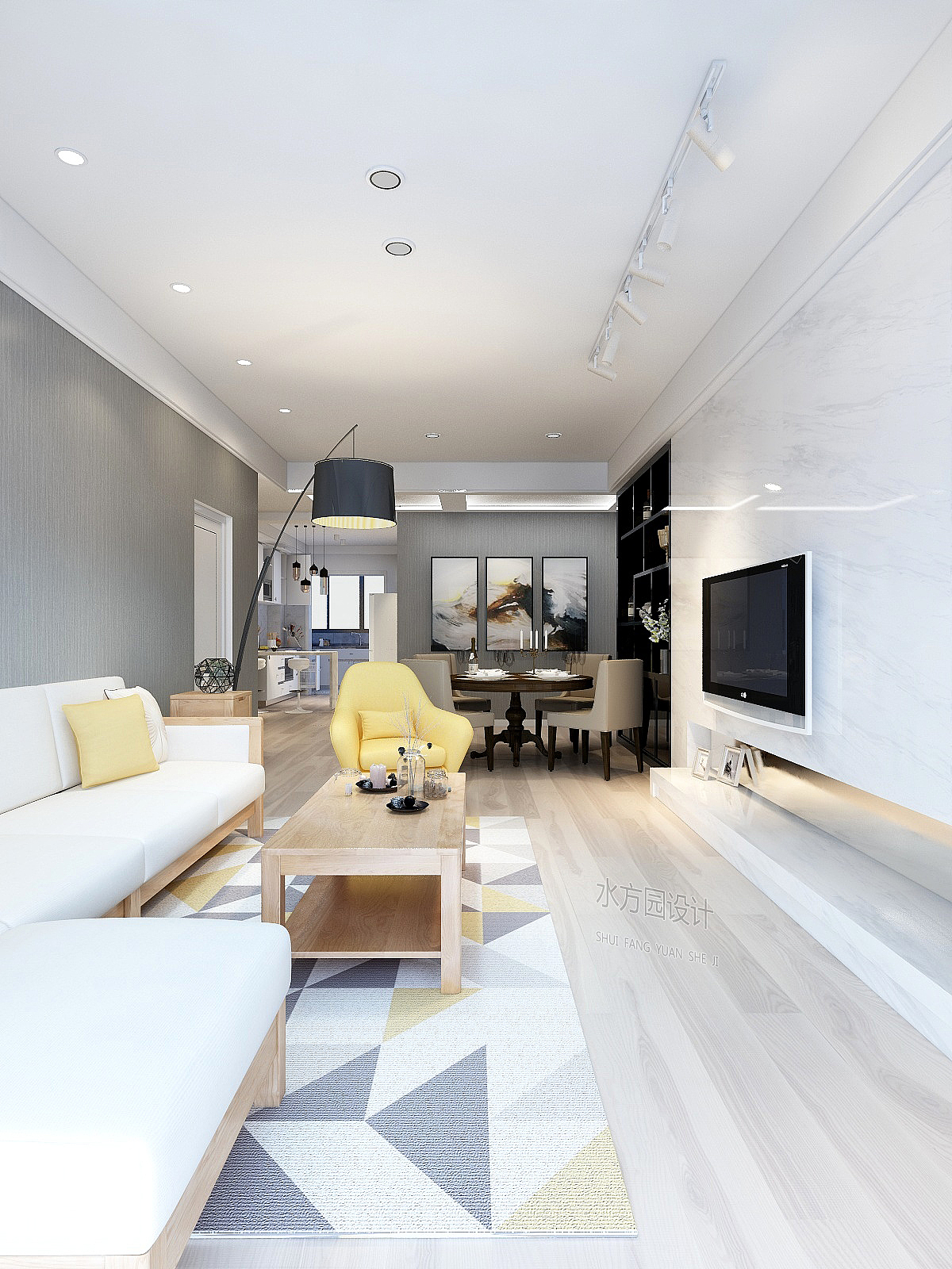 不想破坏客餐厅是通透性就没有做隔断，通过简单的几何处理顶面将空间分割。整体的光感还算不赖