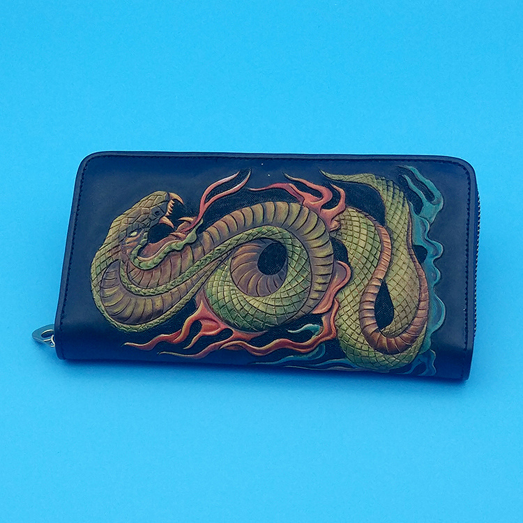 手工皮雕蛇钱包头层牛皮大容量真皮钱夹生肖蛇个性拉链包