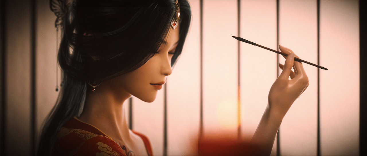 初夜含娇入洞房，理残妆，柳眉长。