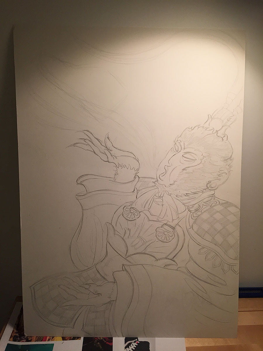 本来呢还是想手绘板上色,可还是想尝试在光面卡纸上
用丙烯能画出什么样的肌理,于是就有了蠢蠢欲动的草稿。(而且今年是猴年嘛)