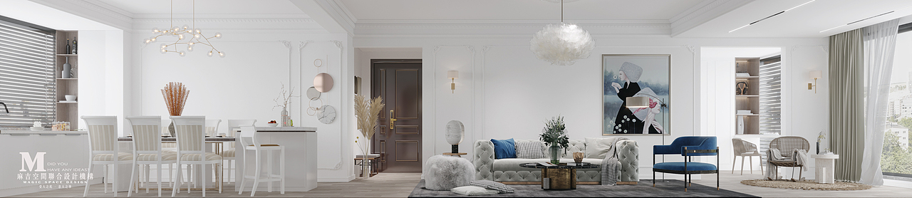 客餐厅一体化的开放式空间,使得有限的面积中视觉观感达到最大化。<br><br>全视野的落地玻璃面,东升西入的时光痕迹,在绒布黄铜的单椅沙发上,增添了些许更悠远的趣味。