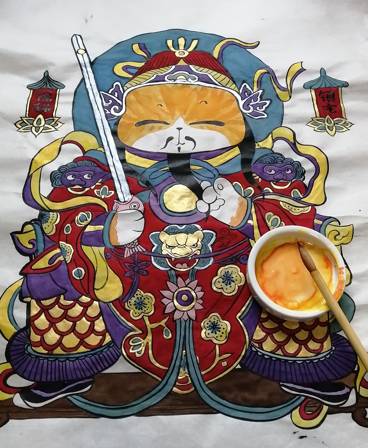 不过我认为手绘的画才更有味道. 传统年画的色彩大胆热烈,粗犷纯粹.