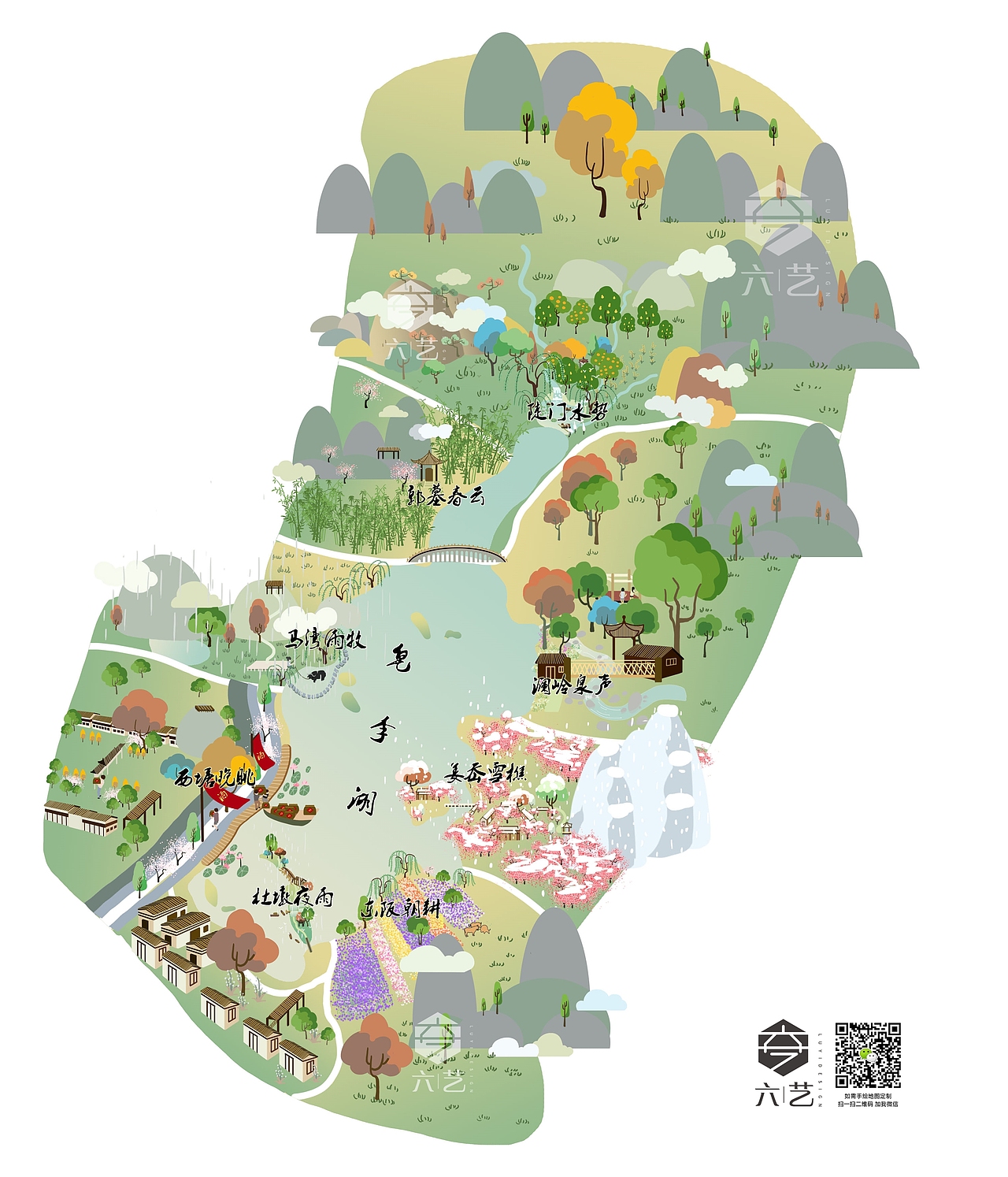 皂李湖手绘地图景区简约唯美矢量风格导览插画