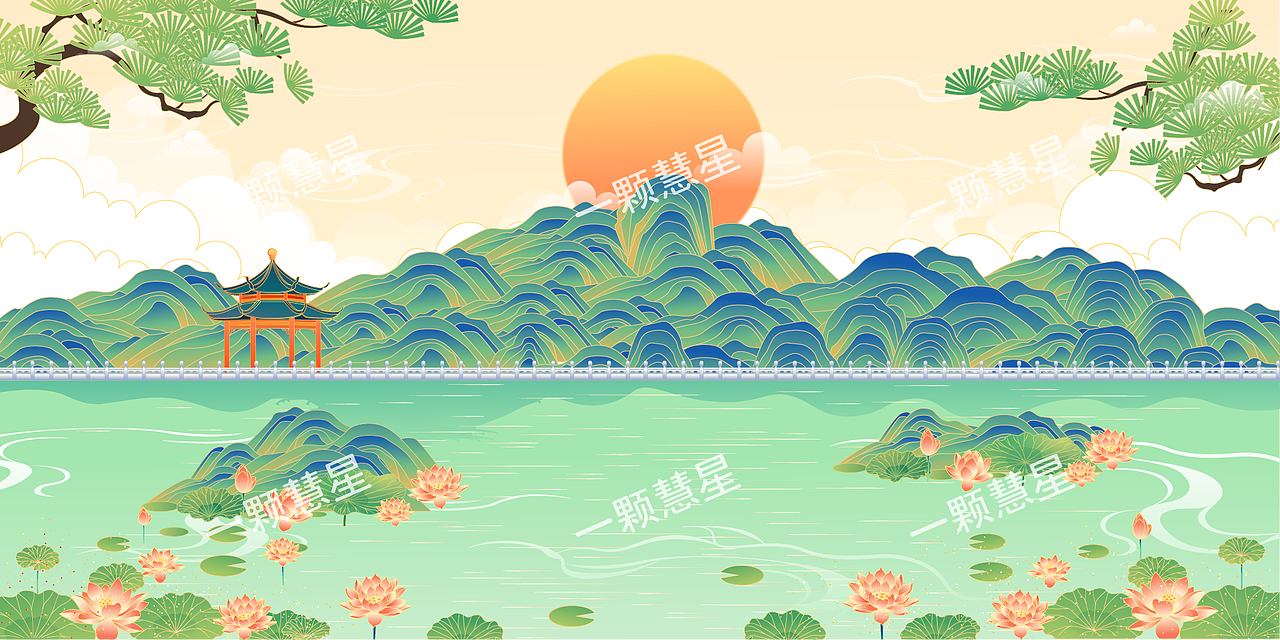 国潮风中国古建筑矢量插画