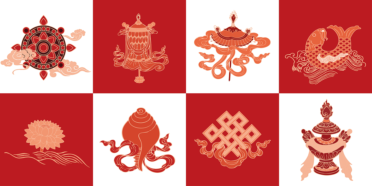 下联所用的底纹图案为暗八仙。暗八仙又称“道家八宝”,区别于佛教的“佛教八宝”,它是指八仙所持的八种法器,用其代表八仙,既有吉祥寓意,也代表万能的法术。其中包括汉钟离的扇、吕洞宾的剑、张果老的鱼鼓、曹国舅的玉版、铁拐李的葫芦、韩湘子的萧、蓝采和的花篮、何仙姑的荷花;分别代表起死回生、镇邪驱魔、占卜人生、净化环境、救济众生、万物滋生、广通神明、修身养性。