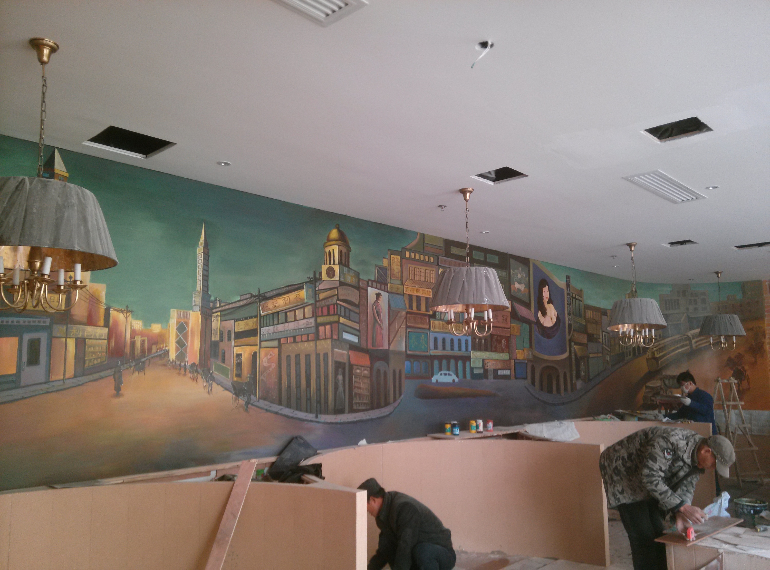 老上海复古风餐厅手绘墙|其他|墙绘/立体画|富山彩艺 - 原创作品