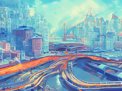 #AI创作实验室#城市，海边，隧道，机场，插画