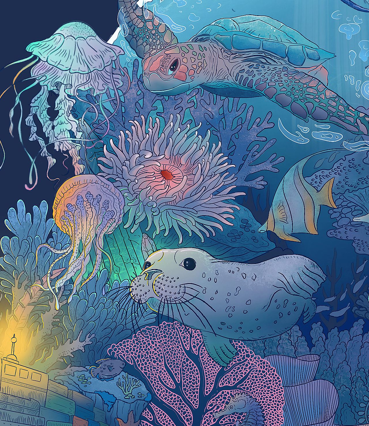 海洋里的可可可可可爱爱爱爱的小动物们插画设计