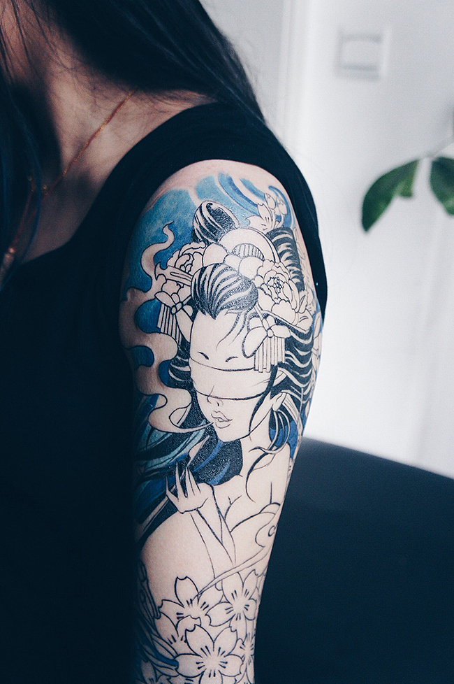 老徐的纹身作品-有艺妓的日式花臂