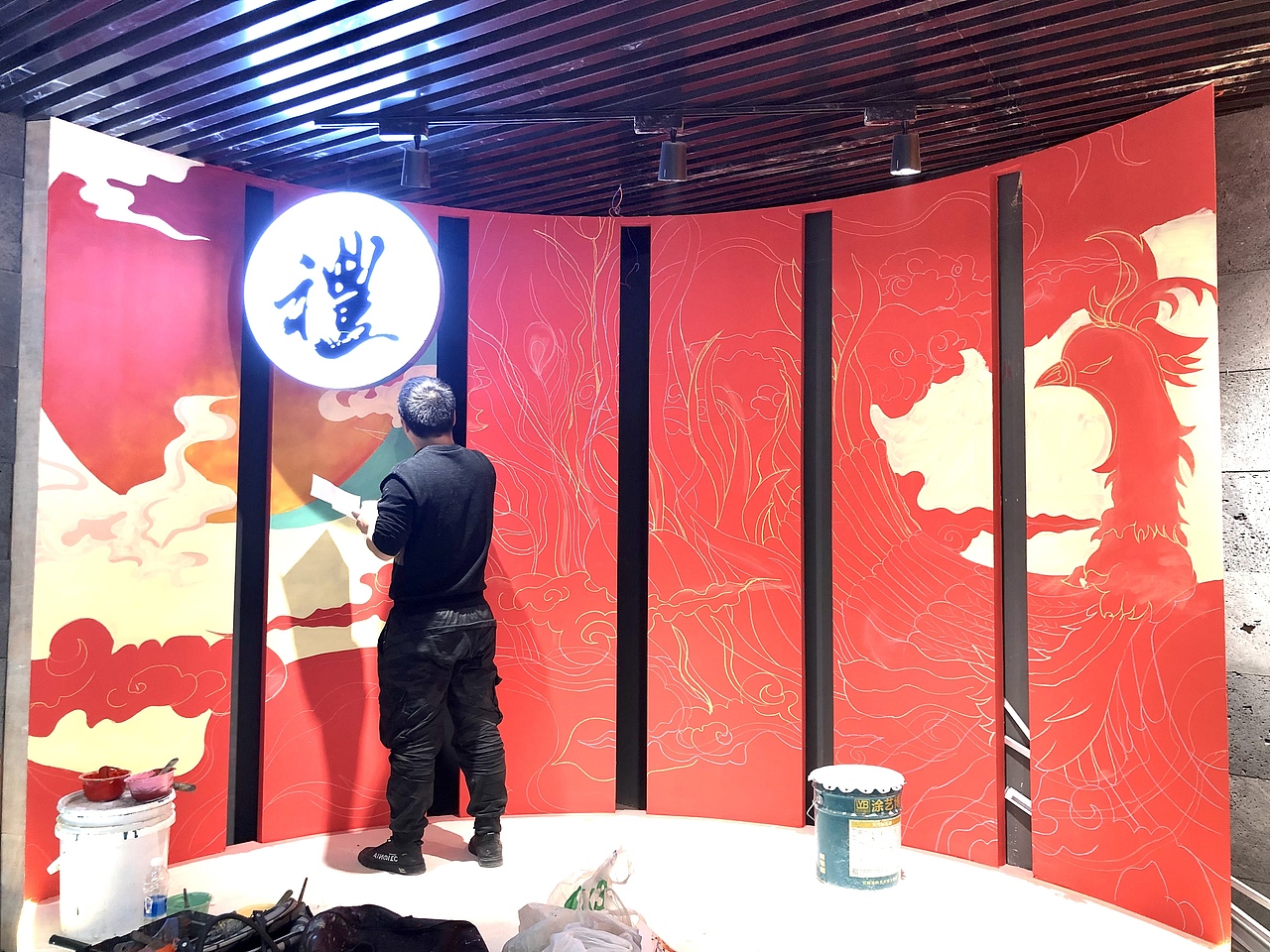 国潮背景墙手绘