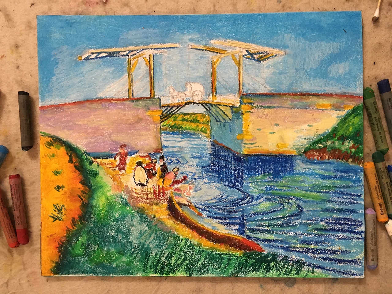 油画棒练习之梵高作品阿尔勒城朗格卢瓦桥与洗衣妇