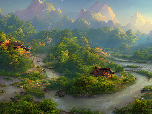 #站酷梦笔#在山谷里面有河流经过,有村庄和桃花林