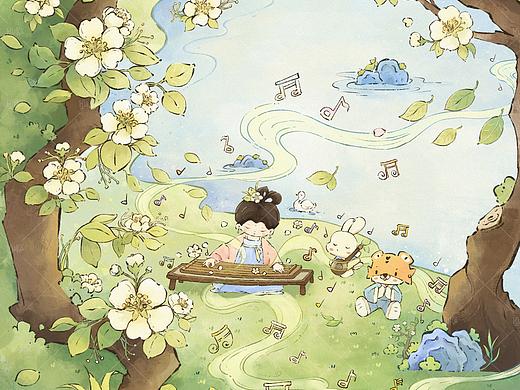 【场景插画】在梨花盛开的树下
