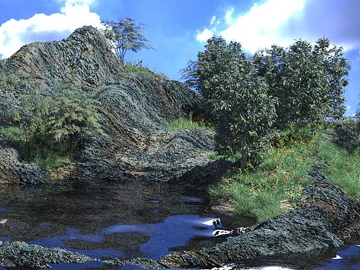 C4D场景建造岩石海岛花草树木小水湾