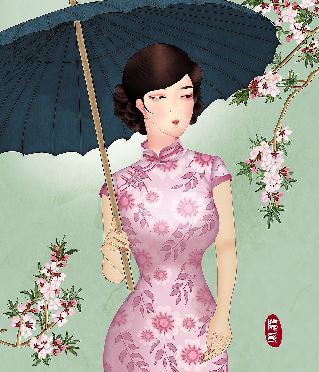 旗袍之美《石榴花与旗袍美人》（图ZMjAxNTAyOTAw） - 商业插画 - 站酷设计师隐彰原创素材 - 站酷ZCOOL