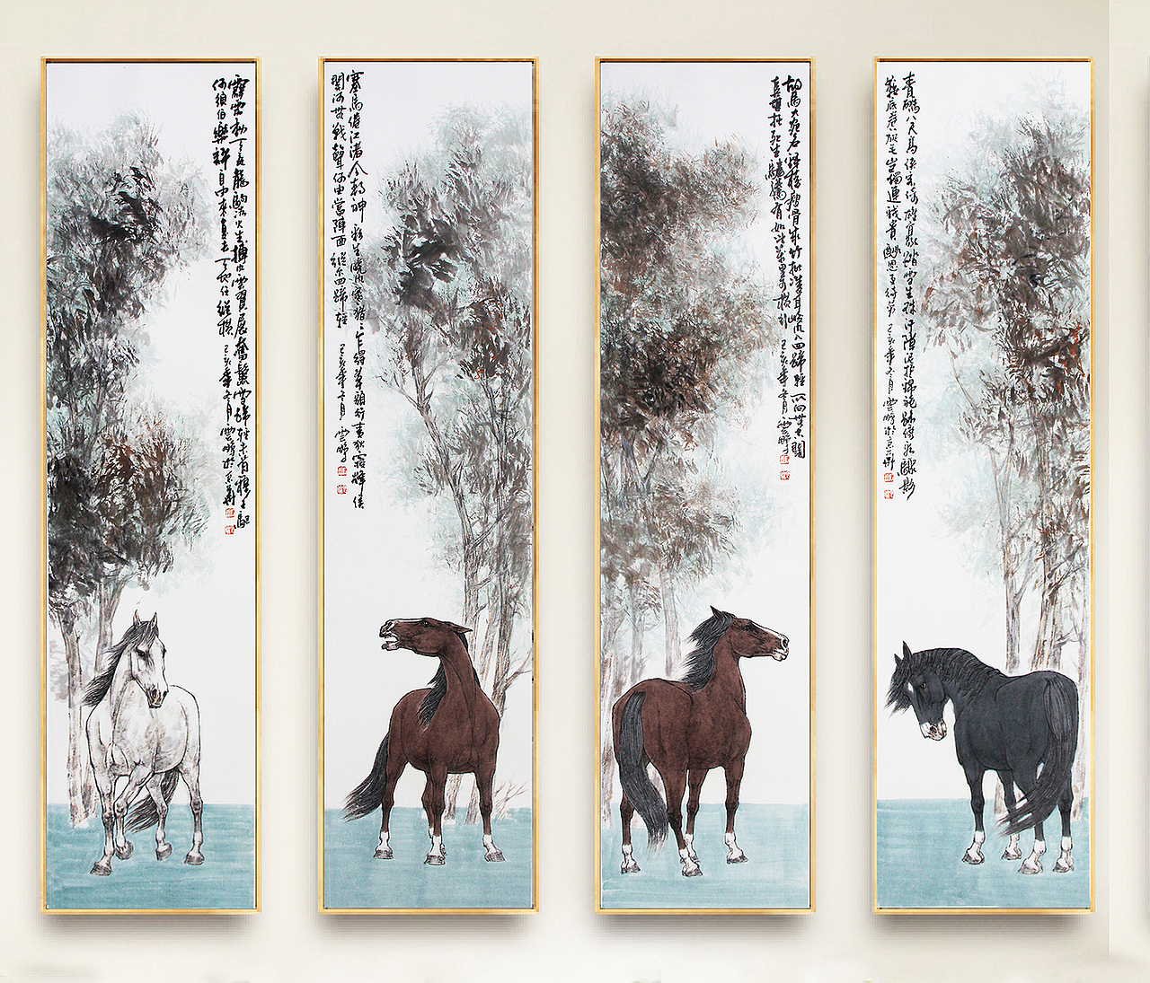 陈云鹏作品 中国画 大写意马 小写意马 四条屏