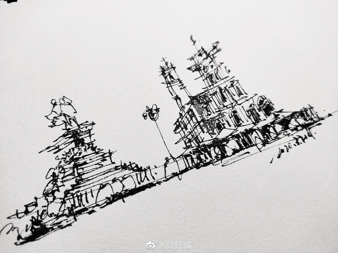 钢笔淡彩建筑风景速写