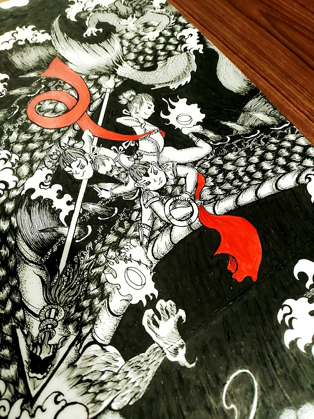 中国风系列长卷_手绘_黑白_纹身_插画